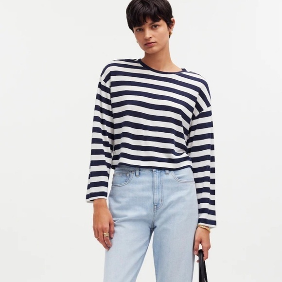Madewell Drop-Shoulder Pullover Crop Tee in Stripe - Picture 2 of 7